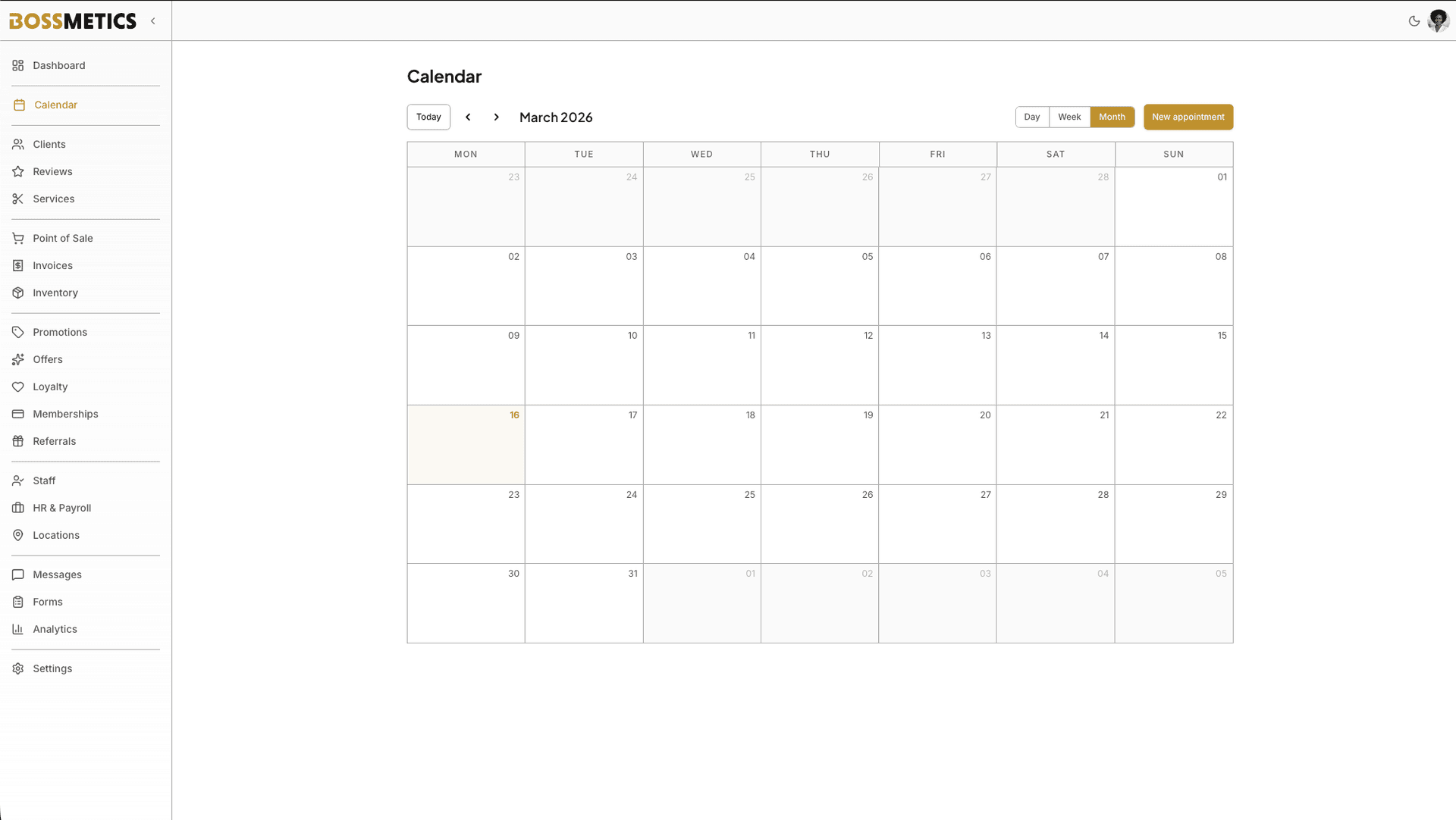 Bossmetics calendar view with appointment scheduling